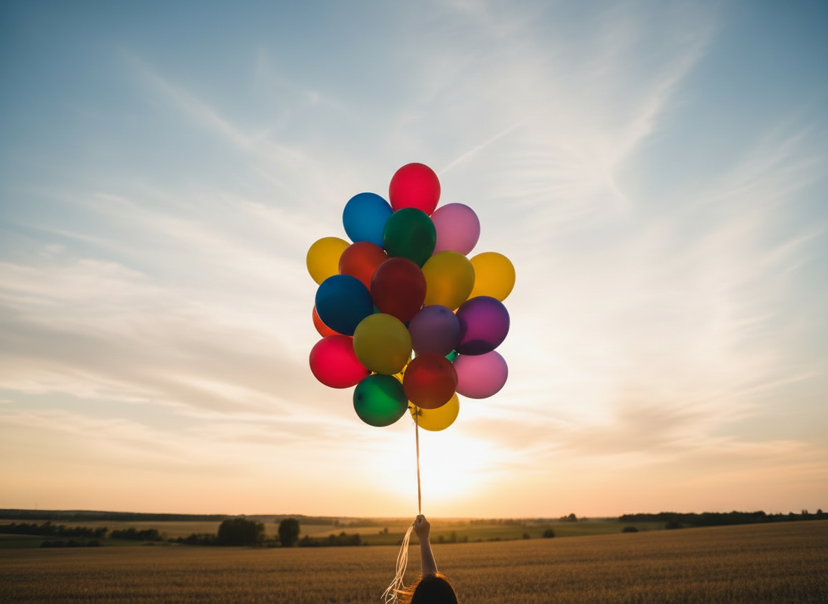 Mantenha a composição atual, mas adicione significativamente mais balões coloridos, formando um grupo mais cheio e abundante no centro da imagem. Preserve o estilo das referências: céu amplo, horizonte baixo, pessoa ou mão pequena na parte inferior segurando as fitas, fotografia realista e poética, sensação de liberdade. Não altere o texto, o enquadramento geral, o horizonte ou o estilo de iluminação. Sem texto, marcas d’água ou logotipos.